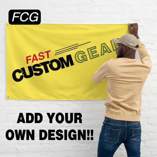 "Fly Your Colors High: Customize Your Own Large 3'x5' Flag at FastCustomGear.com. Image depicts a man proudly hanging the flag outside."