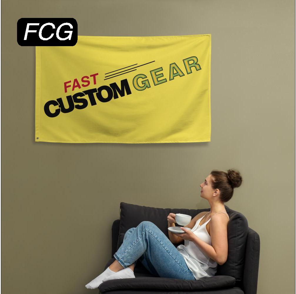 "Personalize Your Space: Design Your Own Customizable Large 3'x5' Flag at FastCustomGear.com. Image features the flag elegantly hung on a wall indoors."