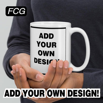 "Start Your Day Your Way: Customizable 15 oz Coffee Mug on FastCustomGear.com. Close-up View for Perfect Personalization." Right side.